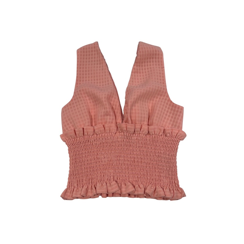 NBD Peach Gingham Smocked Pink/Peach Peplum V-Neck Crop Top size XS